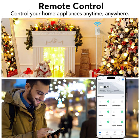 Smart Plug For Alexa And Google Home With Remote Control And Timer No Fuss Setup 2.4GHz WiFi Only in holiday setting with fireplace.