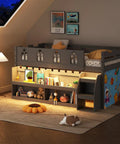 Gray Twin Loft Bed With Built In LED Lights And Remote Control, 4 Storage Shelves, Removable Curtain, 15 Inch Guardrail in kids room