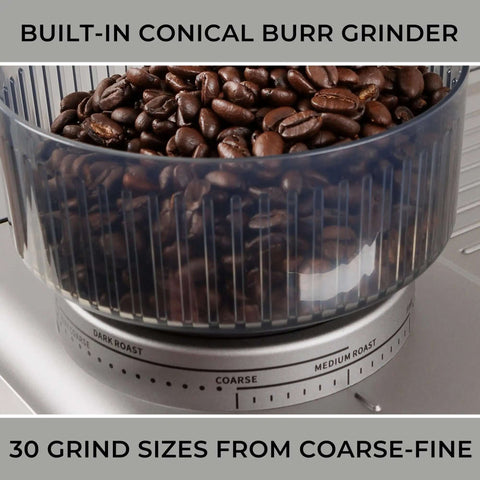 Close-up of built-in grinder with coffee beans in the Espresso Machine With Auto Tamper Auto Cleaning Milk Frother And Built In Grinder