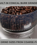 Automatic Espresso Machine With Built In Grinder And Auto Tamper For Barista Grade Morning Sips showing conical burr grinder with coffee beans.