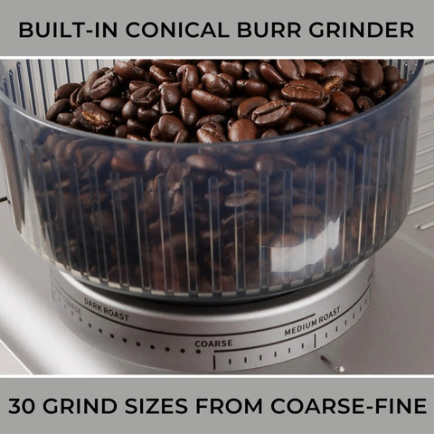 Automatic Espresso Machine With Built In Grinder And Auto Tamper For Barista Grade Morning Sips showing conical burr grinder with coffee beans.