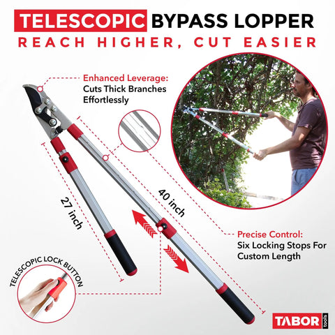Extendable Bypass Lopper With Compound Action For Tree Pruning, 27 To 40 Inch Telescopic Reach, long-handled branch cutter