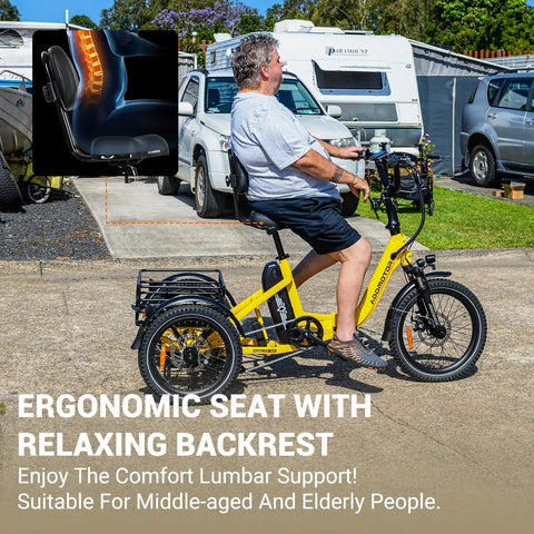 Beast Of A Ride Folding Three Wheel Electric Trike For Adults With Peak 1400W 90 Mile Range 20Ah 48V Battery UL2849 Certified Step Through Frame Differential Parking Brake Red Easy Fold shown with ergonomic backrest