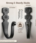 Heavy Duty Kickass Cast Iron Wall Hooks 5 Pack Handmade Blacksmith J Hooks with 35lb capacity, 2.5 x 3.25 inches for indoor or outdoor use.