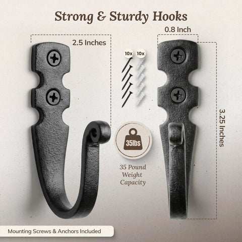 Heavy Duty Kickass Cast Iron Wall Hooks 5 Pack Handmade Blacksmith J Hooks with 35lb capacity, 2.5 x 3.25 inches for indoor or outdoor use.