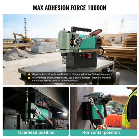 Heavy Duty 1450W Magnetic Drill Press With 1.4 Inch Max Drilling Diameter And 650RPM Speed in overhead and horizontal positions.