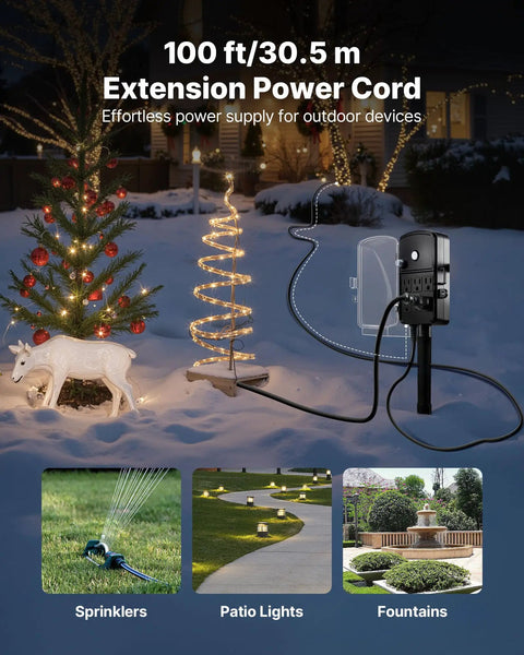 Built Tough Outdoor Power Stake With 100 Foot Extension Cord And Locking Weatherproof Cover, Six Socket Yard Strip Rated For 13 Amps outdoor setup with lights and fountains
