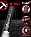Four Pack Zoomable LED Tactical Flashlights With Ridiculously Bright Lumens Durable Aluminum Build Water Resistant Pocket Lights.