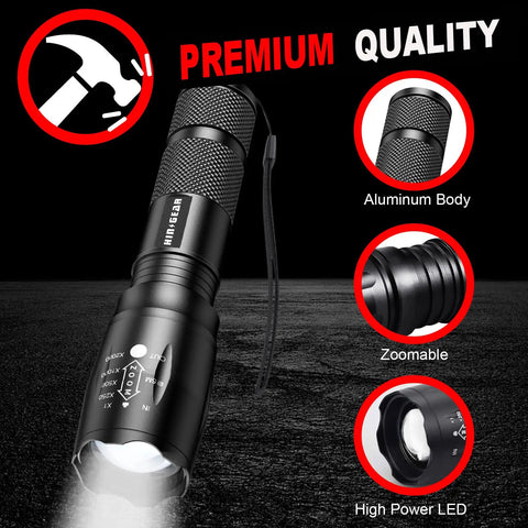Four Pack Zoomable LED Tactical Flashlights With Ridiculously Bright Lumens Durable Aluminum Build Water Resistant Pocket Lights.
