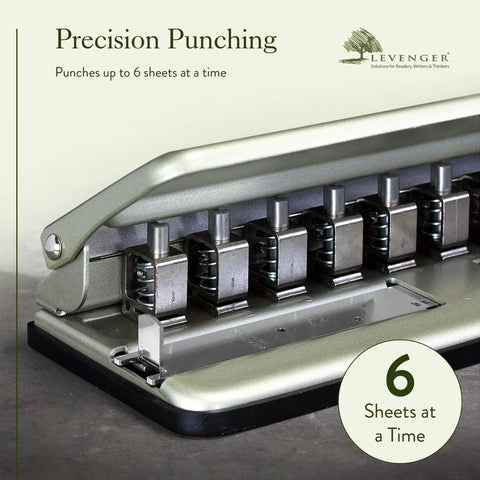 Universal Desk Discbound Hole Punch for Disc Notebooks, heavy duty metal paper puncher, shown punching six sheets.