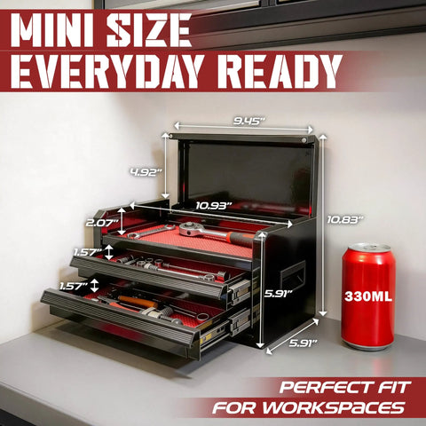 Straight Shooter Mini Toolbox With Two Ball Bearing Sliding Drawers And Roomy Top Tray Beefy Steel Portable Tool Case For Garage Setup Or Handyman Projects Matte Black