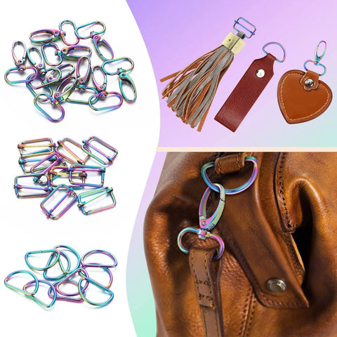 Dope Rainbow Bag Hardware Set Featuring Swivel Hooks D Rings And Tri Glide Buckles For DIY Crafts Purse Straps Dog Collars in vibrant multi-color.