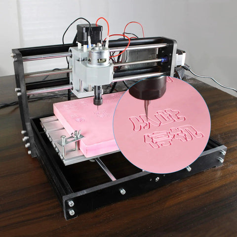 3 Axis DIY CNC Router Kit with GRBL Offline Controller engraving on pink material, aluminum frame, desktop size 18x10x4.5 cm