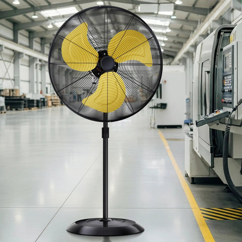 Beast Mode Heavy Duty Outdoor Pedestal Fan With 9600 CFM High Velocity Air, yellow blades, black stand, in a warehouse setting.