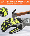 Heavy Duty Impact Resistant Work Gloves For Guys And Gals With Nitrile Grip, Cut Resistant, Non Slip, Touch Screen Compatible, ANSI Level 4 Protection For Gardening, Construction, And Mechanics, X Large shown with hammer for impact test.