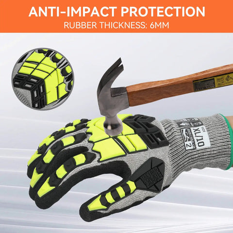 Heavy Duty Impact Resistant Work Gloves For Guys And Gals With Nitrile Grip, Cut Resistant, Non Slip, Touch Screen Compatible, ANSI Level 4 Protection For Gardening, Construction, And Mechanics, X Large shown with hammer for impact test.