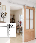 Interior view showing 9Ft Stainless Sliding Barn Door Hardware Kit For Single Wooden Door Super Smooth And Quiet Fits 54 Inch Door Panel J Shape Hanger Heavy Duty Stainless Steel Track With Aluminum Rail Holds Up To 220 Lbs installed on wooden door.