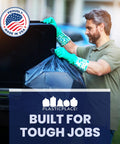 Man using Beefy Heavy Duty 55-60 Gallon Contractor Trash Bags, 1.2 Mil Black Puncture Resistant Garbage Bags for outdoor cleanup.