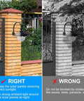 Comparison of Two Pack Solar Barn Lights With Motion Sensor And 3 Lighting Modes placement on fences, highlighting sun exposure importance.
