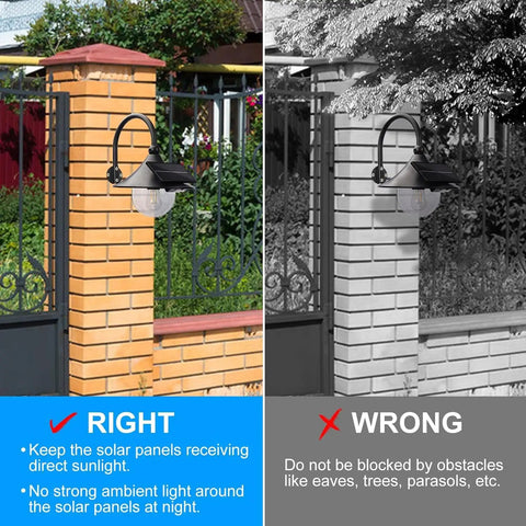 Comparison of Two Pack Solar Barn Lights With Motion Sensor And 3 Lighting Modes placement on fences, highlighting sun exposure importance.