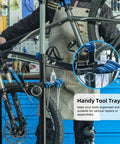 Heavy Duty Bike Repair Stand for Easy Home Maintenance with tool tray shown in workshop setting supporting mountain bike