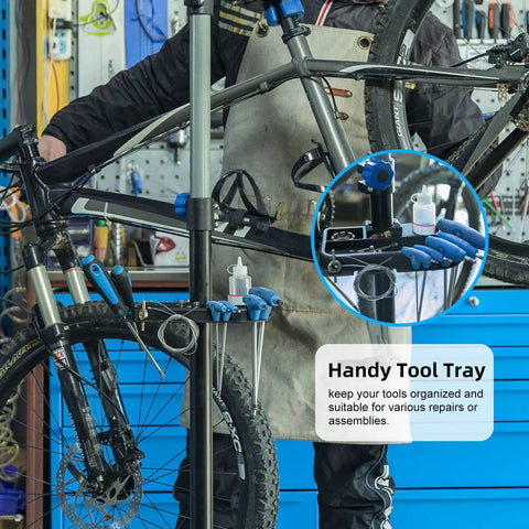 Heavy Duty Bike Repair Stand for Easy Home Maintenance with tool tray shown in workshop setting supporting mountain bike