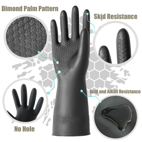 Heavy Duty Rubber Chemical Resistant Gloves Crafted For Nitty Gritty Cleaning And Toughest Safety Tasks Featuring Diamond Grip Pattern, showing skid resistance and diamond palm.