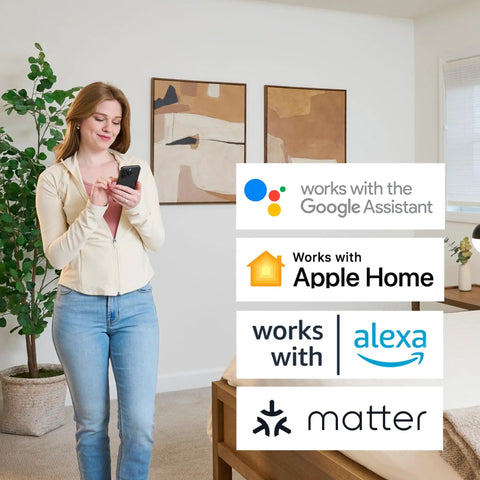 Woman using Smart WiFi Thermostat With Conventional And Heat Pump Compatibility, X2S Gray, with Google and Alexa icons