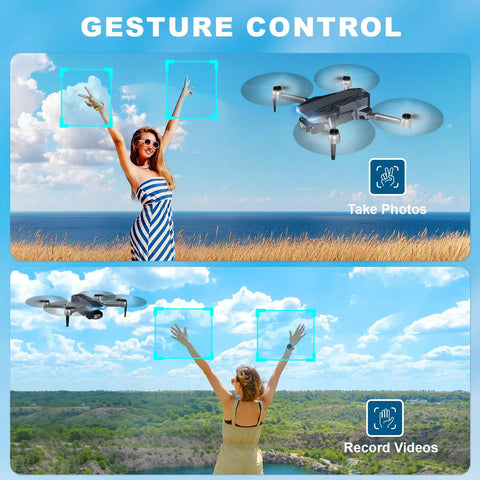 Dope GPS Drone With 2K Camera For Grownups controlled by gestures for photo and video, shown hovering above woman in open field.