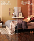 Room comparison with Relax LED Light Bulbs 60W Equivalent, Chill Soft White Candle Glow versus Warm White lighting effect.