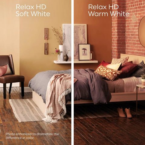 Room comparison with Relax LED Light Bulbs 60W Equivalent, Chill Soft White Candle Glow versus Warm White lighting effect.
