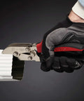 Five Blade Downspout Crimper Tool For Aluminum And Steel Delivers A One And A Quarter Inch Double Crimp, shown in use on a downspout.