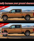 Drop In Ready Heavy Duty Two Inch Front Leveling Kit With Strut Spacers And Shock Extenders Compatible With Ford F250 And F350 Super Duty Four Wheel Drive Trucks before and after profile images showing increased ground clearance.