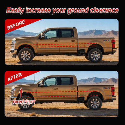 Drop In Ready Heavy Duty Two Inch Front Leveling Kit With Strut Spacers And Shock Extenders Compatible With Ford F250 And F350 Super Duty Four Wheel Drive Trucks before and after profile images showing increased ground clearance.