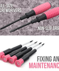 Close-up of two pink-handled screwdrivers and precision pink-tipped screwdrivers from 11 Piece Pink Womens Compact Crafts And Home DIY Tool Kit Set With Pliers Cutters And Precision Screwdrivers For Ladies Ideal For Quick Home Repairs And Craft Projects.