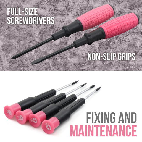 Close-up of two pink-handled screwdrivers and precision pink-tipped screwdrivers from 11 Piece Pink Womens Compact Crafts And Home DIY Tool Kit Set With Pliers Cutters And Precision Screwdrivers For Ladies Ideal For Quick Home Repairs And Craft Projects.