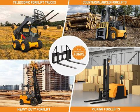 Premium Heavy Duty 45 Inch Tractor Pallet Forks Paired With Robust 50 Inch Forklift Blades in action on construction sites.