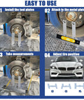 Precision Wheel Alignment Tool Kit With Two Pack Calibration Plates And Dual Measure Tape Straight Up Diy Automotive Gauge setup steps for vehicles, showing tool installation and measurement.