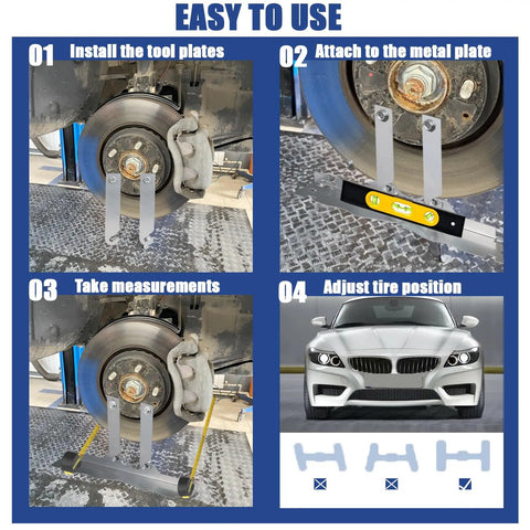 Precision Wheel Alignment Tool Kit With Two Pack Calibration Plates And Dual Measure Tape Straight Up Diy Automotive Gauge setup steps for vehicles, showing tool installation and measurement.