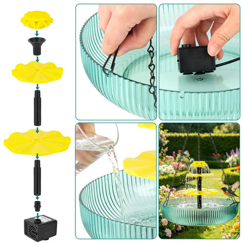 3 Tier Hanging Solar Bird Bath Fountain With Cascading Water Feature And 16.4 Foot Cord Large Bird Bowl assembly and outdoor use