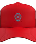 Cool Red Trucker Hat For Men Who Dig Machinist Vise Gauge Square Tools Great CNC Gifts With Adjustable Mesh Back And Foam Front Cap Style in front view.