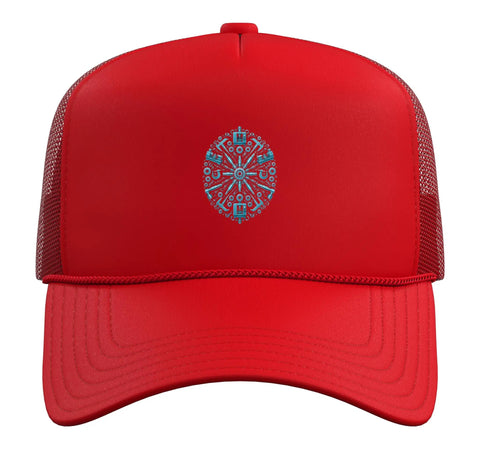 Cool Red Trucker Hat For Men Who Dig Machinist Vise Gauge Square Tools Great CNC Gifts With Adjustable Mesh Back And Foam Front Cap Style in front view.