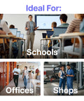 Three images showing ideal uses: a teacher in classroom, office workers discussing, technicians in a workshop.