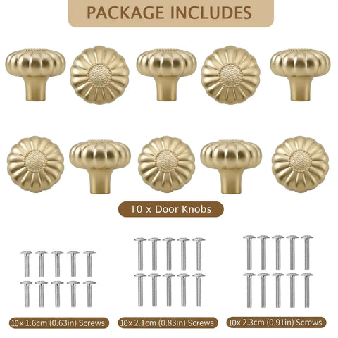 Image of 10 Pack Gold Cabinet Knobs Set Made From Solid Zinc Alloy Brushed Brass Hardware Pulls with screws included