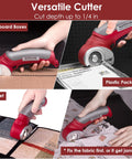 Cordless Electric Scissors 4V Multi Cutter with self-sharpening blade cutting cardboard, plastic, and carpet.