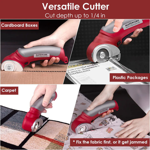 Cordless Electric Scissors 4V Multi Cutter with self-sharpening blade cutting cardboard, plastic, and carpet.