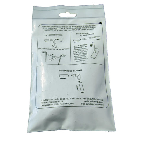 Back of packaging showing instructions for One Quarter Inch Drip Irrigation Barbed Coupling Connector Quick Connect 50 Pack For One Quarter Inch Tubing Fits Trees Shrubs Gardens Black Durable And Hassle Free Use Everyday.