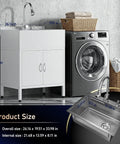 26-Inch Freestanding Stainless Steel Utility Sink With Cabinet beside washing machine, ideal for workshop or laundry room.
