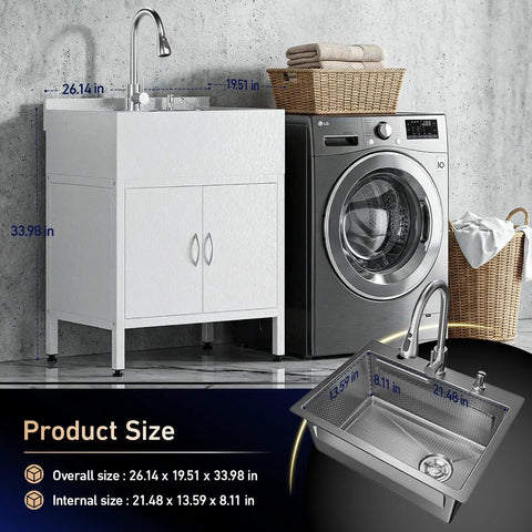 26-Inch Freestanding Stainless Steel Utility Sink With Cabinet beside washing machine, ideal for workshop or laundry room.