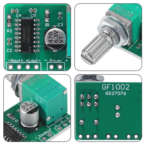 Close-up views of Dual Channel 5V Mini PAM8403 Audio Amplifier Module for DIY Projects with Potentiometer, 3W Plus 3W Stereo Power.